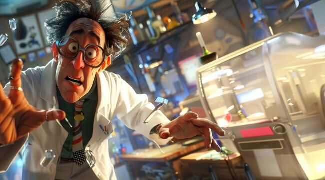Personnage cartoon d'un chercheur scientifique en pleine folie.