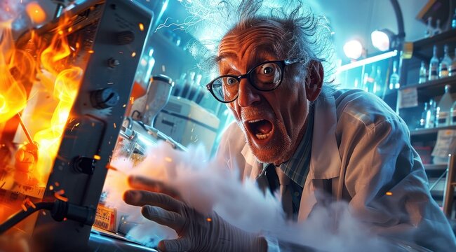 Personnage cartoon d'un chercheur scientifique en pleine folie.