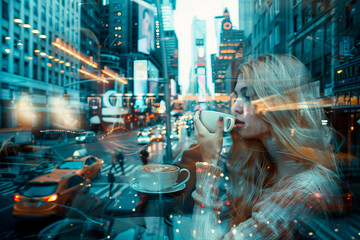 Double exposure photo with woman relaxing savoring her coffee in a busy city café.