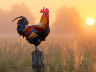 Rooster perched on the fence and crowed. On a calm and sunny morning. - obrazy, fototapety, plakaty