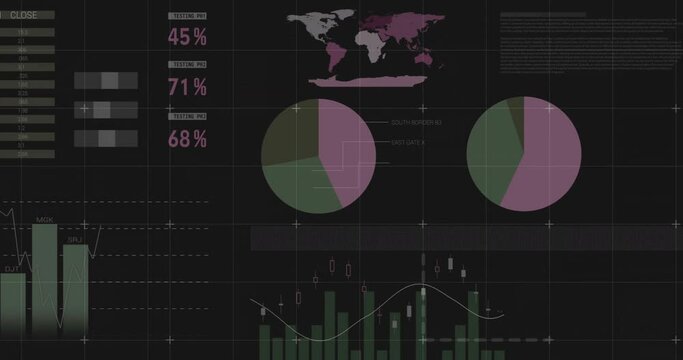 Animation of financial data processing over dark background