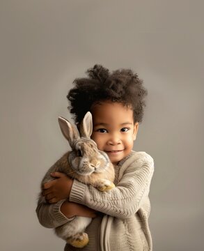 Cute african american little boy with rabbit, easter concept.