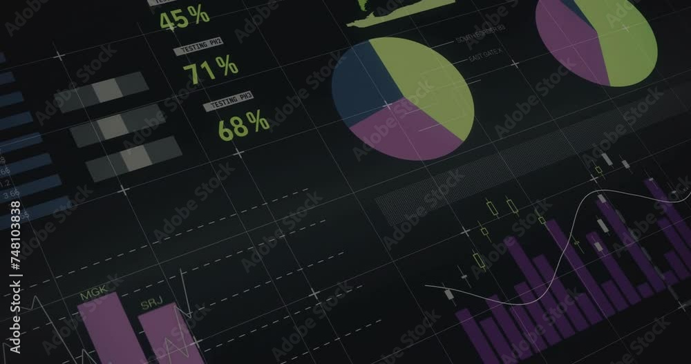 Poster animation of financial data processing over dark background