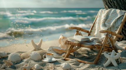 A picturesque beach scene with a book a latte and a comfortable beach chair in the sand. - Powered by Adobe