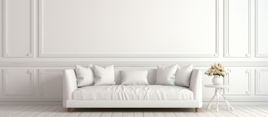 A white couch is positioned in a living room next to a table. The room is furnished with a simple yet elegant design, emphasizing clean lines and minimalism.