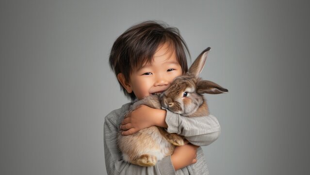 Happy asian boy hugging a rabbit, easter concept