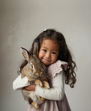 Little asian girl holding rabbit. Happy easter