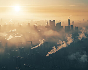 Fototapeta premium Aerial shot of a cityscape under a haze of pollution capturing the severity of environmental problems