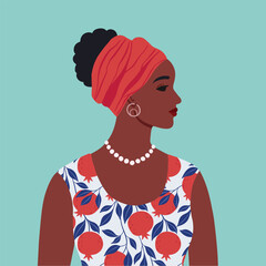 African American female portrait. Beautiful young black woman.  Female beautiful profile. Side view. Banner template. Isolated vector illustration.