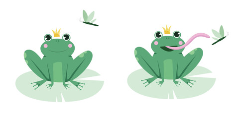 Cute frog characters, frog catch dragonfly. Vector illustration