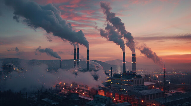 Dramatic industrial landscape at dusk smokestacks emitting pollution a stark symbol of social and environmental issues