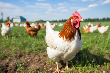 Fototapeta premium Chicken and hen, rooster, cock, poultry yard and chicken coop. Bird and fowl, animal, fowl-run, henhouse and hennery