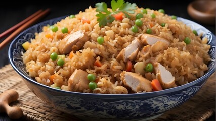Chinese dish stir-fried with chicken, broccoli, mushrooms, and peppers, Fried rice with chicken from China, Wok generative AI Chinese cuisine