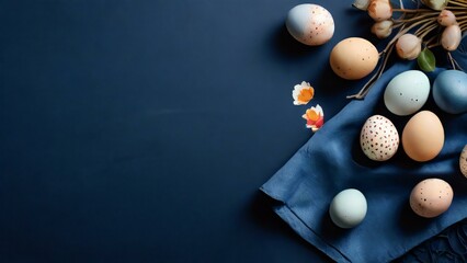 Easter eggs on dark blue background, copy space for text