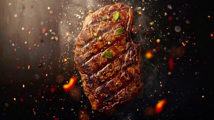 grilled steak, juicy sirloin beef with spices and smoke on a black background. Close up. Restaurant menu, recipe. Delicious beef steak. Barbecue - obrazy, fototapety, plakaty