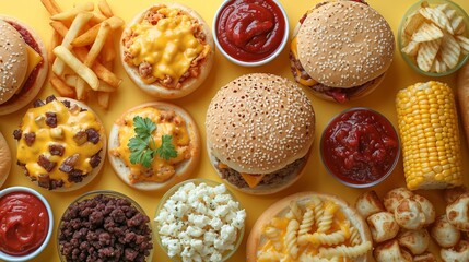 Fototapeta premium Flatlay Burger with sesame bun and beef patty on a yellow background served with fries. Concept: takeaway food, high-fat, high-calorie food. Copy space