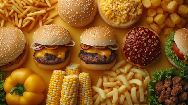 Flatlay Burger with sesame bun and beef patty on a yellow background served with fries. Concept: takeaway food, high-fat, high-calorie food. Copy space