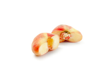 Half of saturn peach or flat peach isolated on white background with clipping path..