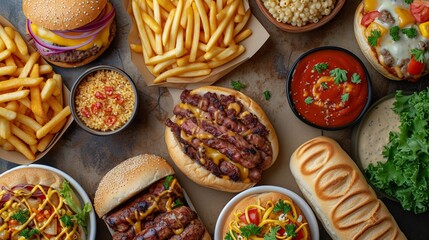 Flatlay Burger with sesame bun and beef patty on a yellow background served with fries. Concept: takeaway food, high-fat, high-calorie food. Copy space