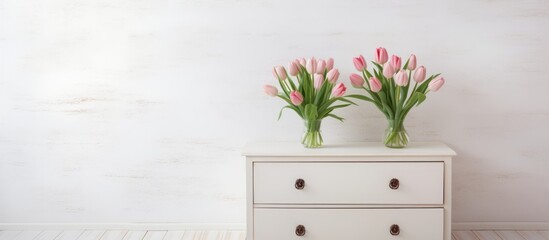 A white dresser is displayed with two vases filled with pink flowers on top. The minimalistic cabinet interior background adds a touch of elegance to the decor.