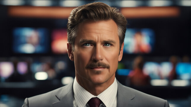 Portrait of a charismatic anchorman in a television studio, with the control room visible in the background. - Generative AI