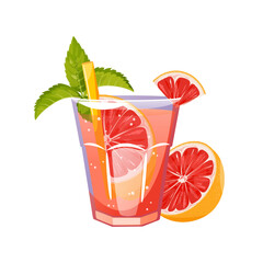 Cocktail with grapefruit. Summer refreshing drink, lemonade with grapefruit and mint. Vector illustration.