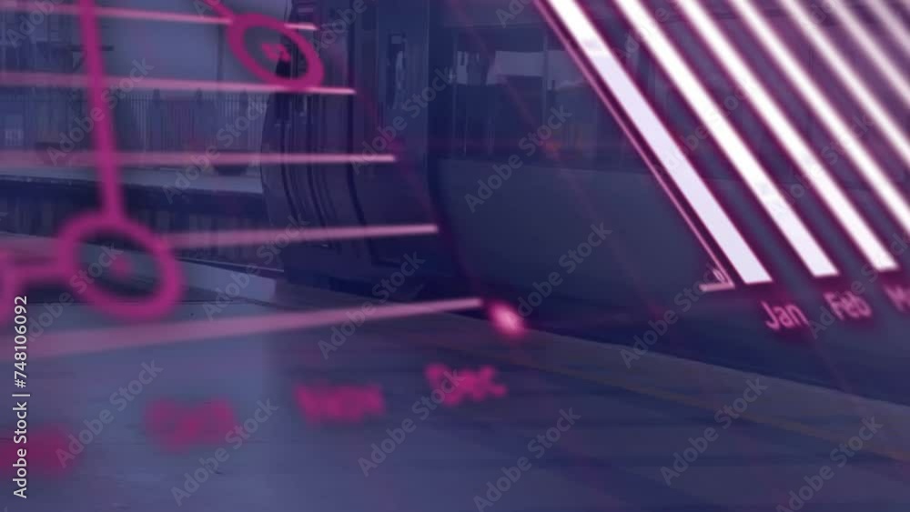 Poster animation of financial data processing over train platform