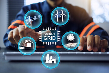 smart grid concept with engineer pointing on power distributor icon connection between electric...