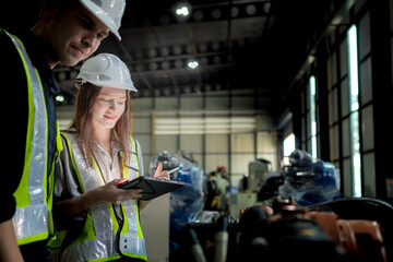 team engineers inspecting on machine with smart tablet. Worker works at heavy machine robot arm. The welding machine with a remote system in an industrial factory. Artificial intelligence concept.