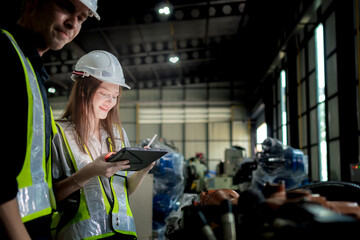 team engineers inspecting on machine with smart tablet. Worker works at heavy machine robot arm. The welding machine with a remote system in an industrial factory. Artificial intelligence concept.