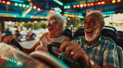 Two seniors smiling and enjoying a thrilling bumper car ride laughing as they bump into each other playfully