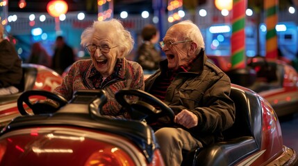 Two seniors smiling and enjoying a thrilling bumper car ride