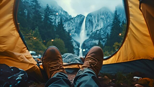 person feet inside of camping tent with view to mountain,generative ai