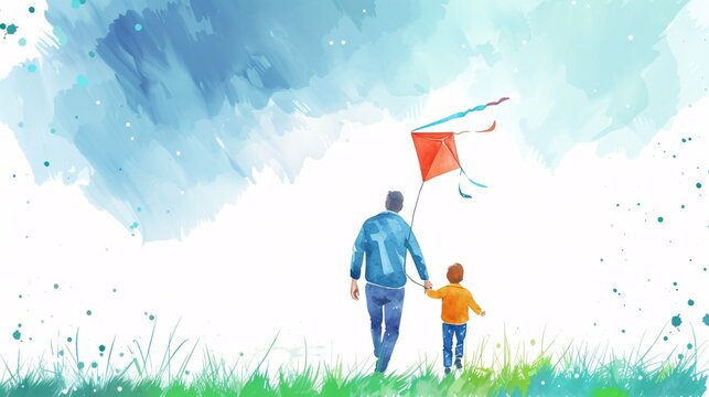 Celebrate Dad with a charming watercolor card featuring a father and son flying a kite and strolling together, featuring contemporary typography and holiday greetings
