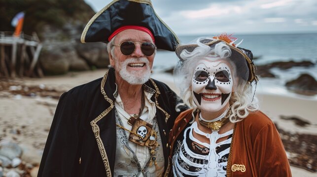 Two seniors smiling and dressed as a pirate and a skeleton standing on a deserted beach