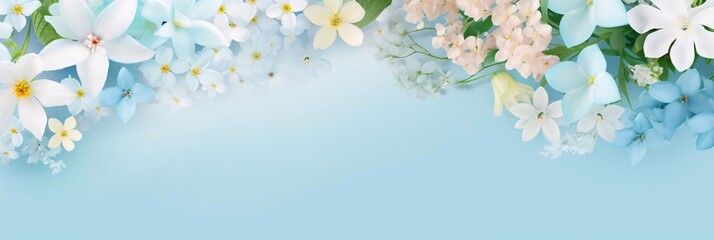 Delicate flowers bloom against a soft, ethereal background, embodying the tranquility of spring. Banner with copy space. Blank space for insertion