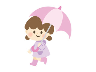 傘をさす子供のイラスト(ピンク)