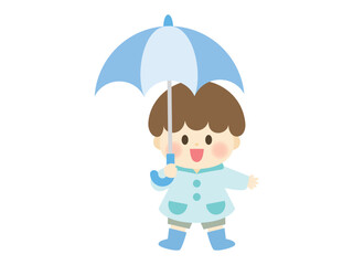 傘をさす子供のイラスト(あお)