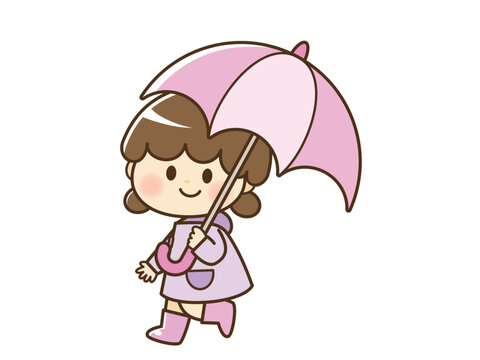 傘をさす子供のイラスト(ピンク)_線あり