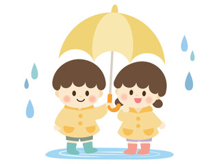 梅雨_二人で傘をさす子供