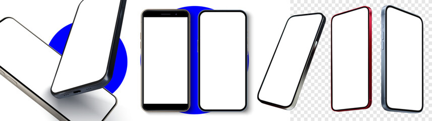 Modern Smartphones Mockup Set on Transparent Background. A diverse collection of smartphone mockups in various angles, showcasing sleek designs for presentations and digital displays.