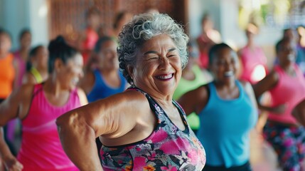 Fototapeta premium Elderly black woman smiling and shaking her hips with enthusiasm as she enjoys a dynamic Zumba class