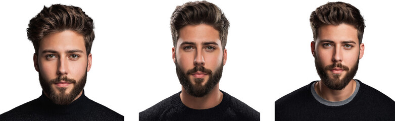 Fototapeta premium man with a beard and short hair, handsome fashion model closeup photo, man beard idea poster for saloon