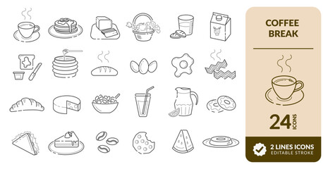 COLLECTION OF LINE EDITABLE BREAKFAST VECTOR ICONS. KIT WITH ELEMENTS OF COFFEE, CHEESE, BUTTER, BREAD, FRUIT, CAKE, PIE, EGGS, JUICE AND OTHERS
