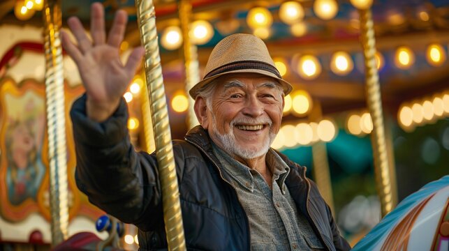 An older man smiling and waving enthusiastically as he enjoys a gentle carousel ride