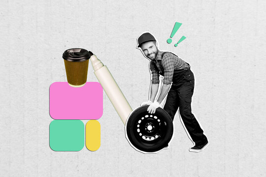 Composite 3d photo artwork graphics collage of young guy auto mechanic tire service roll wheel repair change garage service isolated on painted background