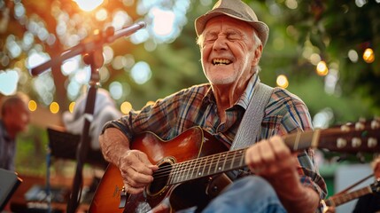 An older man happily playing the guitar and entertaining fellow concert-goers with his music  - obrazy, fototapety, plakaty