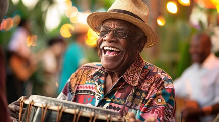 An older man smiling while playing a tambourine and enjoying the vibrant atmosphere 