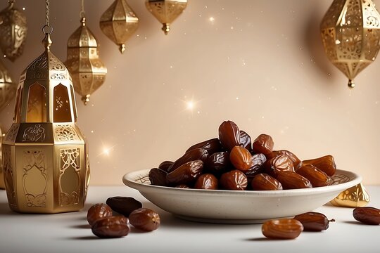 Ramadan Kareem background with arabic lanterns and dates