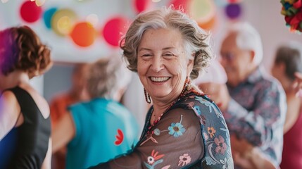 Elderly woman smiles happily as she dances with a group of seniors